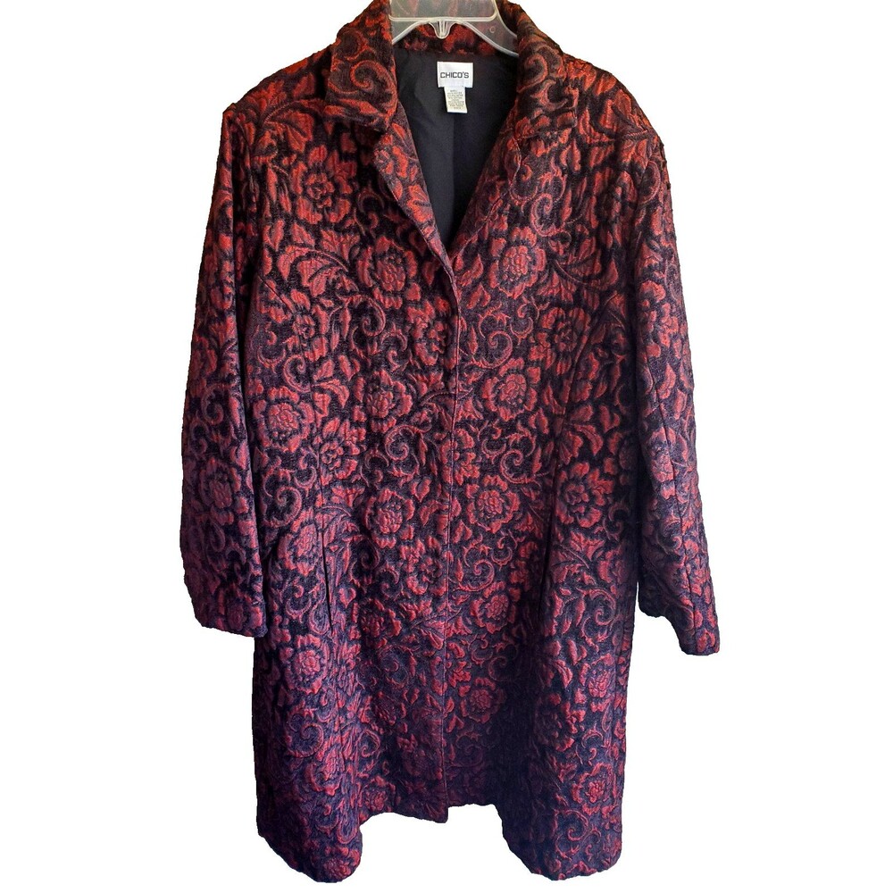 Chicos 2 Red Black Rose Jacquard Topper Coat Dark Romantic Regencycore Baroque M